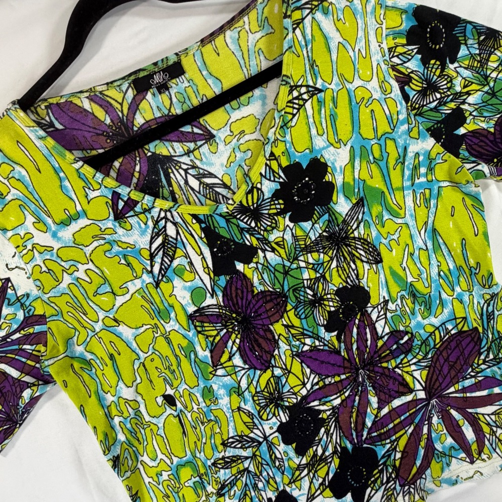 Miss Nikky Women XL Green Purple Floral Beaded V-Neck Cotton Short Sleeve Top
